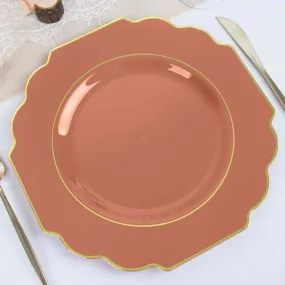 10 Pack 11" Terracotta (Rust) Heavy Duty Disposable Baroque Dinner Plates with Gold Rim, Hard Plastic Dinnerware