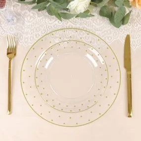 10 Pack 7.5" Clear With Gold Dot Rim Plastic Dessert Plates, Round Salad Disposable Tableware Plates