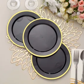 10 Pack 7" Regal Black and Gold Round Plastic Dessert Plates, Disposable Appetizer Salad Plates