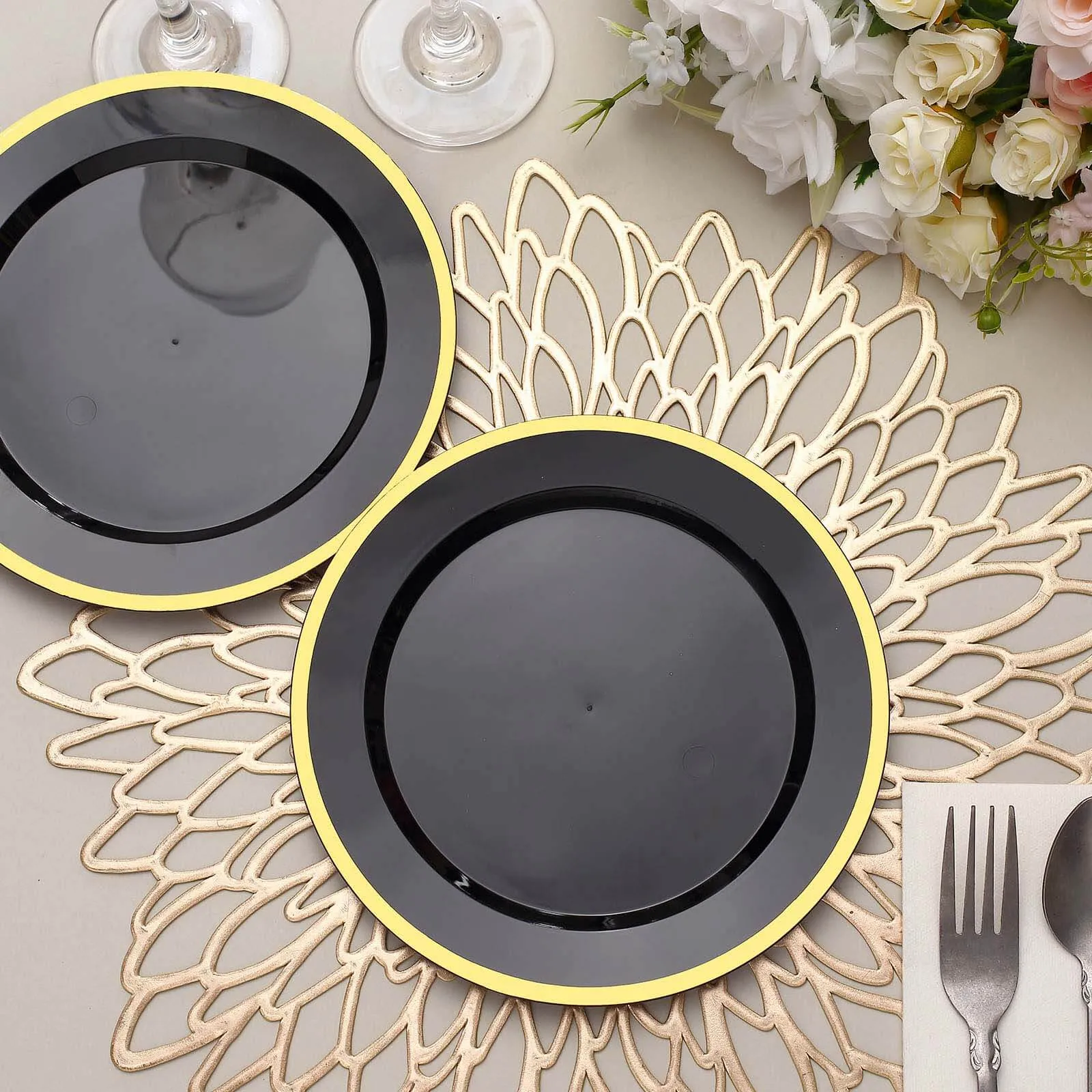 10 Pack 7" Regal Black and Gold Round Plastic Dessert Plates, Disposable Appetizer Salad Plates