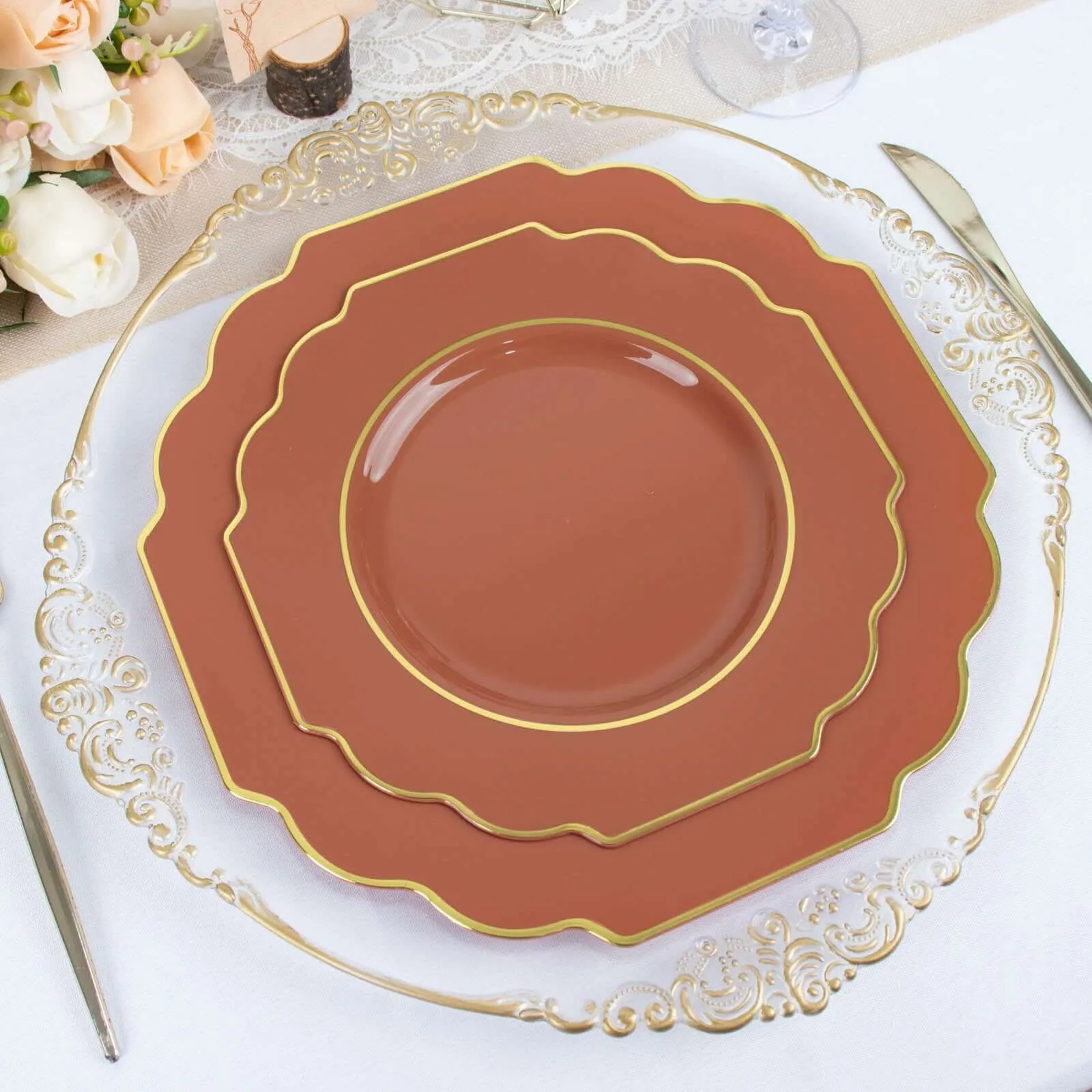 10 Pack 8" Terracotta (Rust) Hard Plastic Dessert Appetizer Plates, Disposable Tableware, Baroque Heavy Duty Salad Plates with Gold Rim