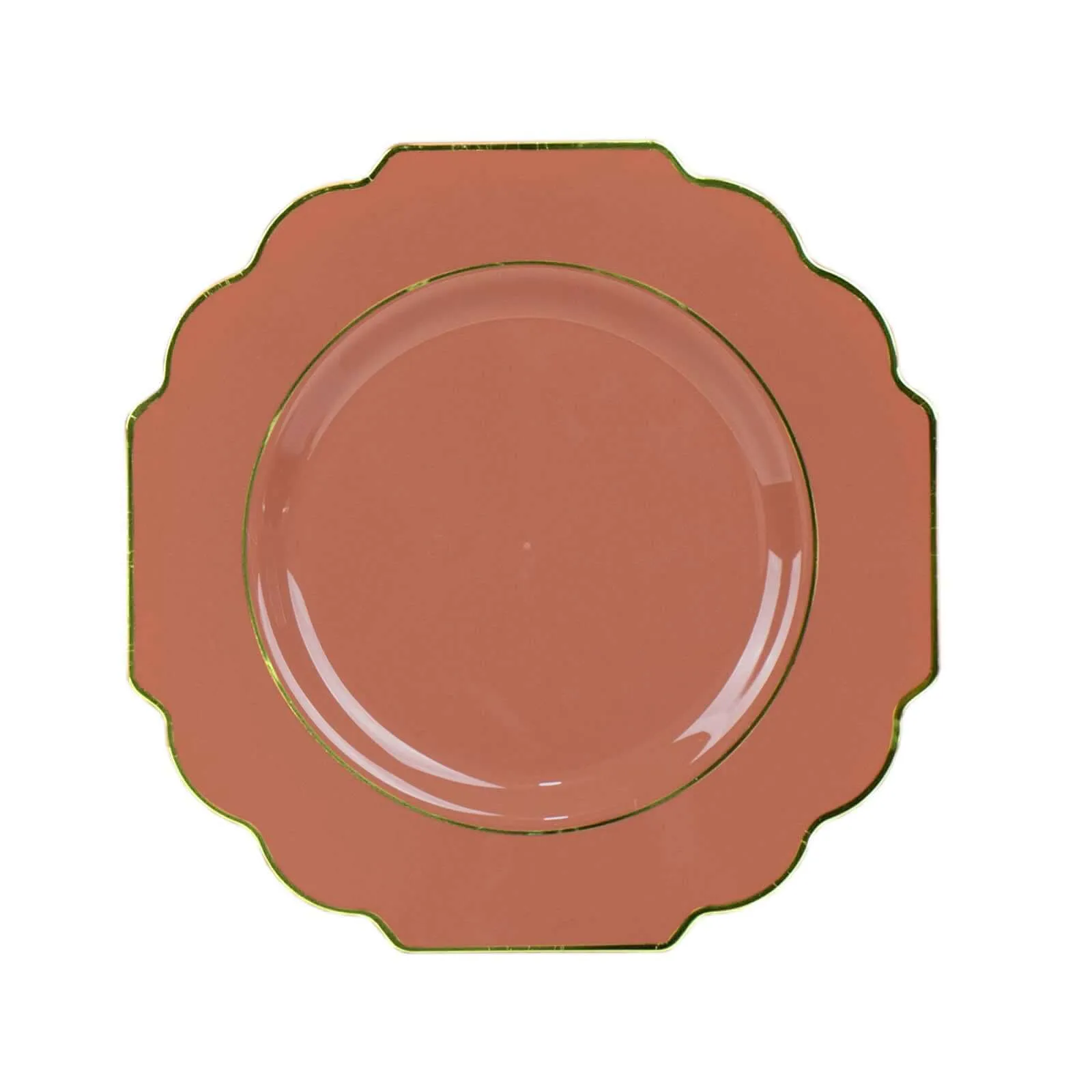 10 Pack 8" Terracotta (Rust) Hard Plastic Dessert Appetizer Plates, Disposable Tableware, Baroque Heavy Duty Salad Plates with Gold Rim