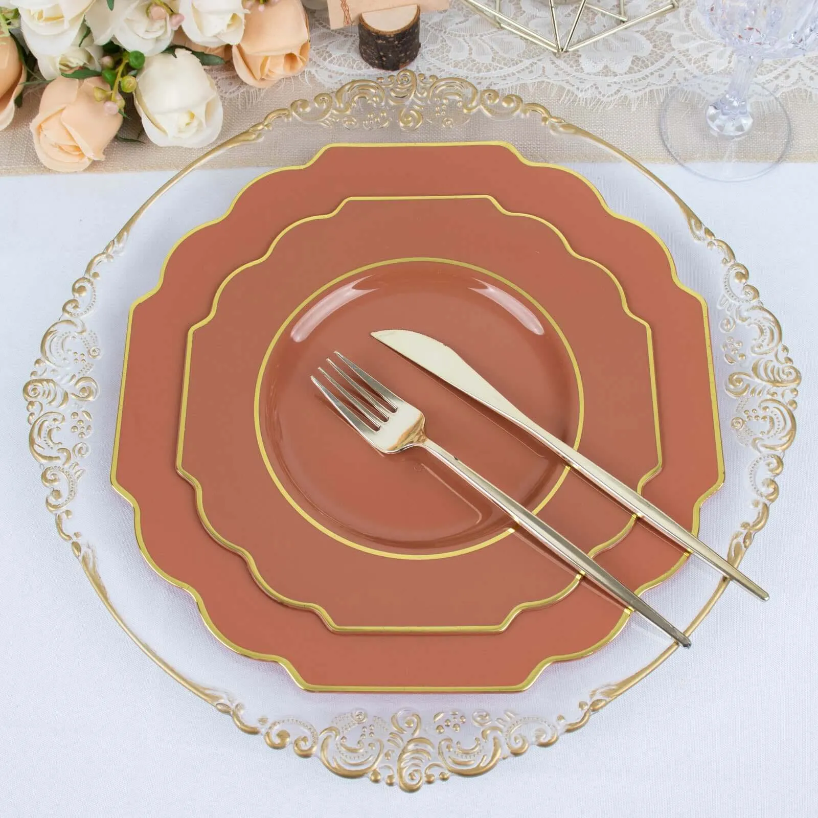 10 Pack 8" Terracotta (Rust) Hard Plastic Dessert Appetizer Plates, Disposable Tableware, Baroque Heavy Duty Salad Plates with Gold Rim