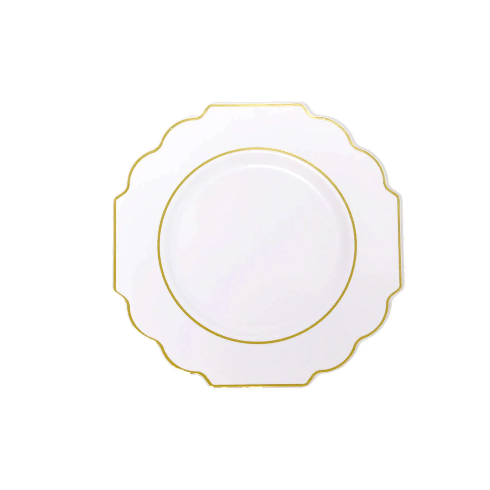 10 Pack White 8" Heavy Duty Plastic Dessert Salad Plates, Disposable Tableware, Baroque with Gold Rim