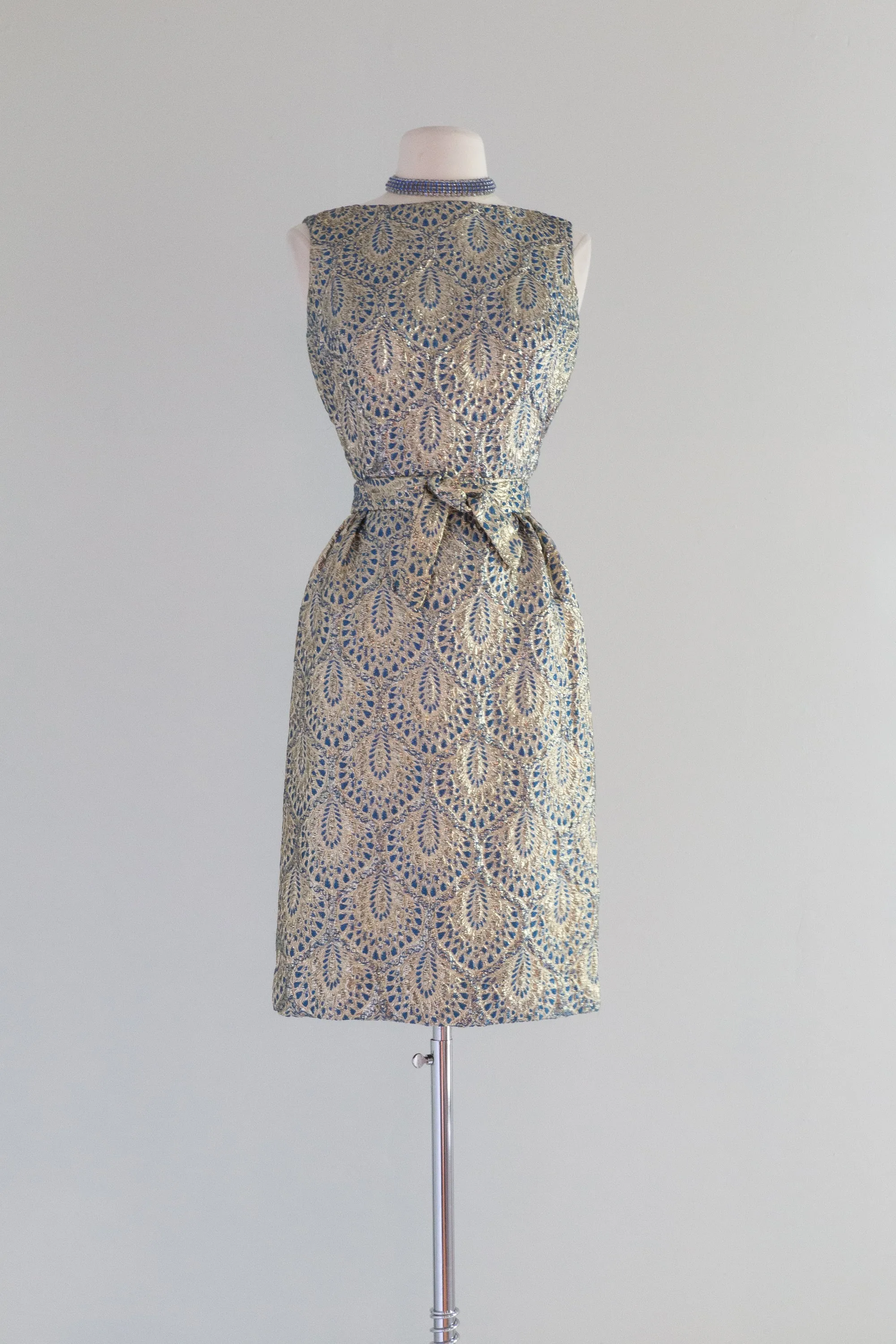 1960's Peacock Blue and Gold Brocade Cocktail Dress / Small