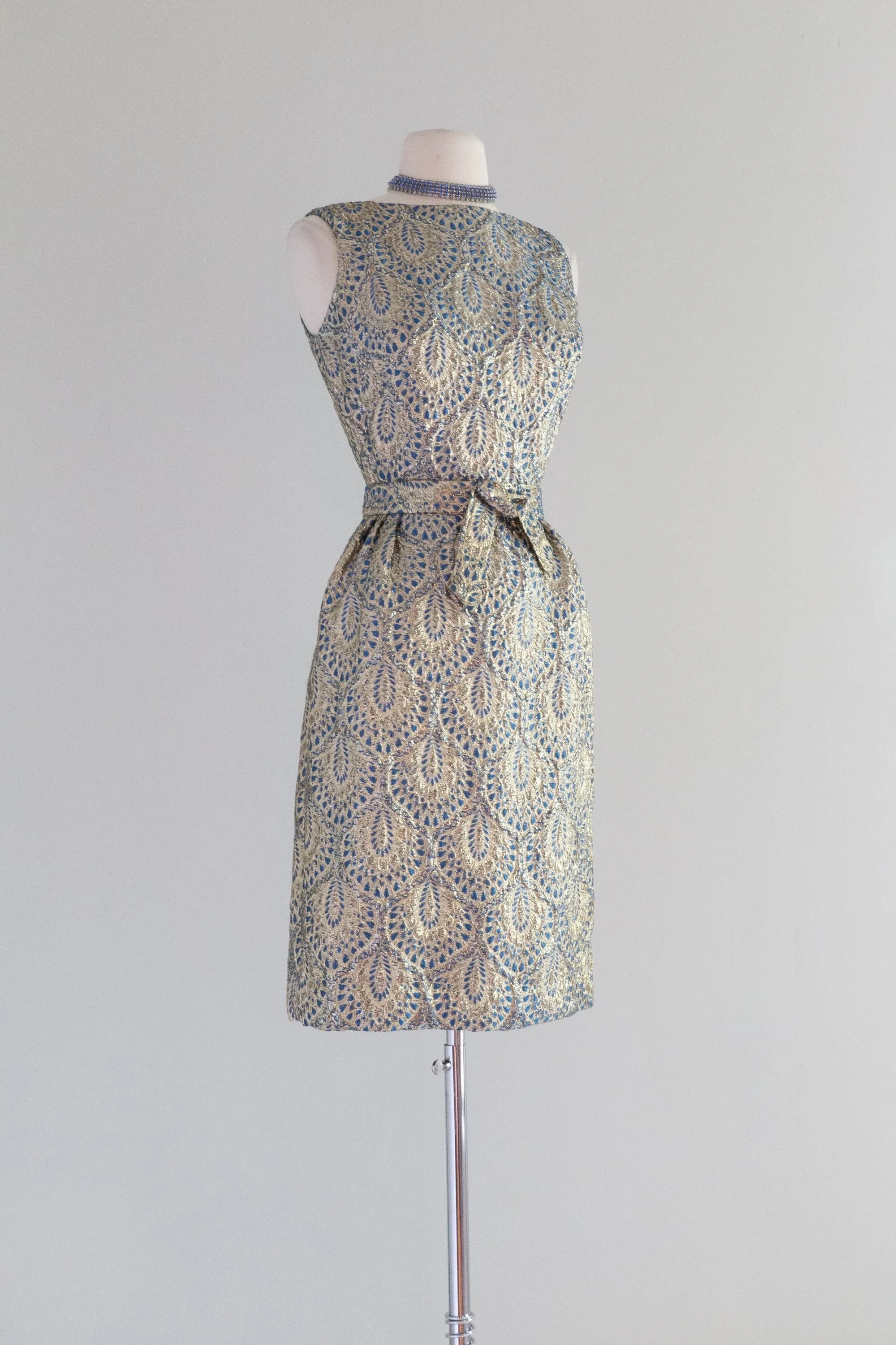 1960's Peacock Blue and Gold Brocade Cocktail Dress / Small