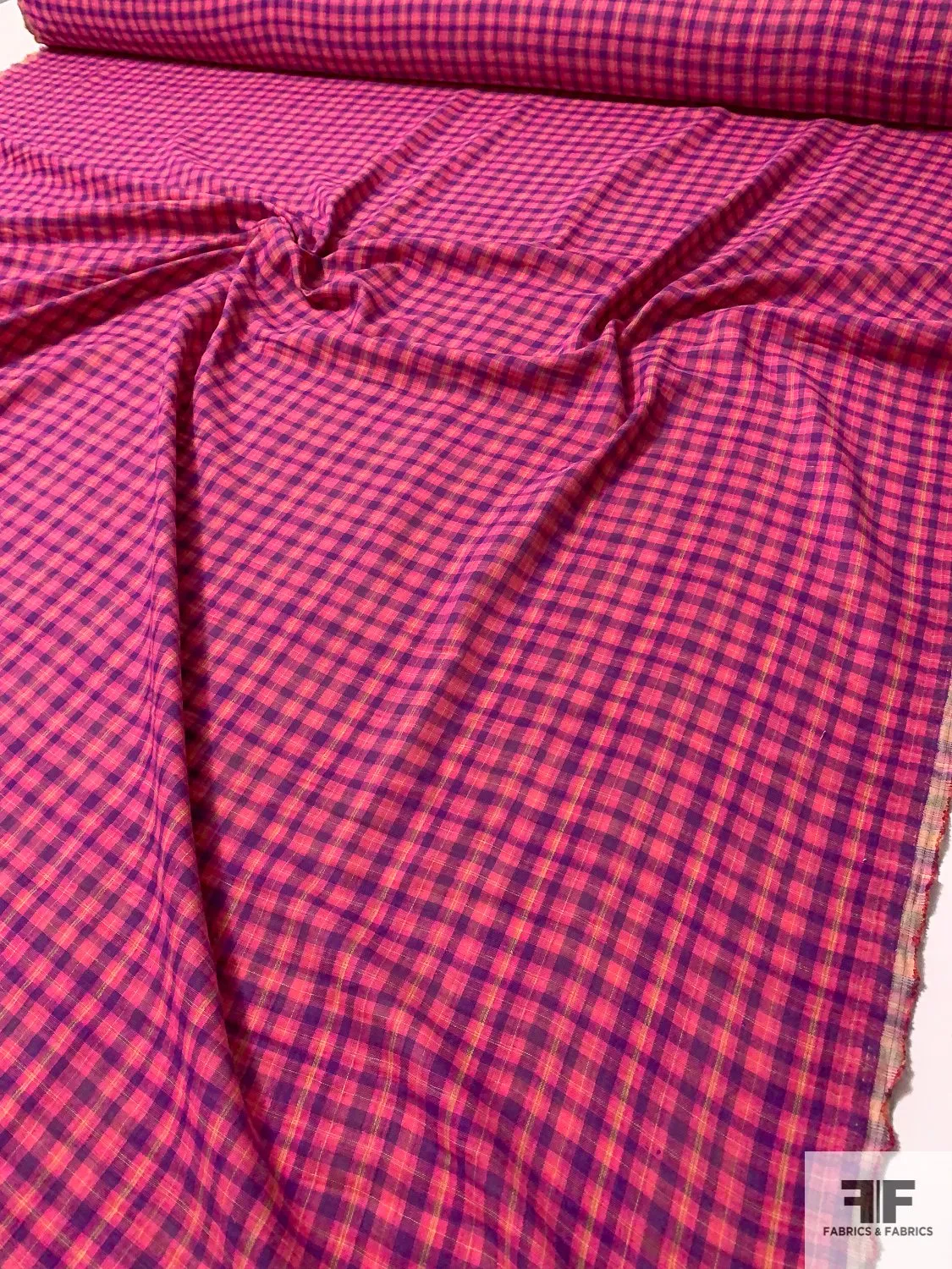 2-Ply Double Sided Plaid Cotton Voile - Hot Pink / Purple / Yellow