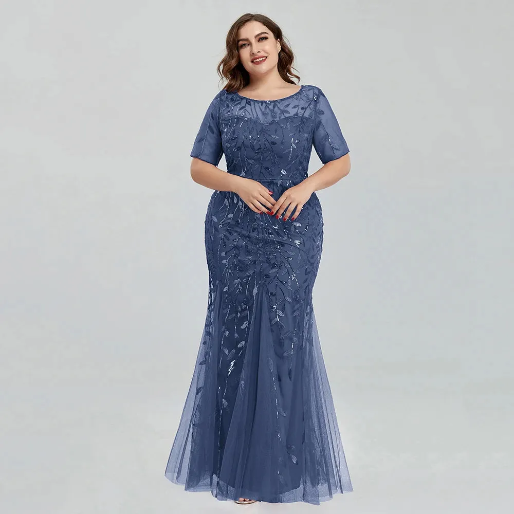 2023 Plus Size Sequin Mesh Mermaid Evening Dress – Beaded Leaves Pattern Formal Gown with Short Sleeves for Women