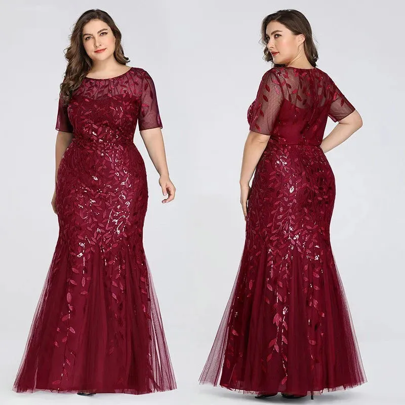 2023 Plus Size Sequin Mesh Mermaid Evening Dress – Beaded Leaves Pattern Formal Gown with Short Sleeves for Women