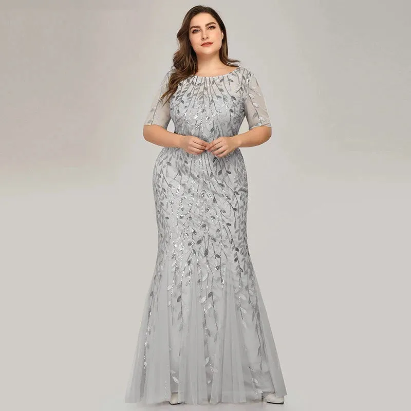 2023 Plus Size Sequin Mesh Mermaid Evening Dress – Beaded Leaves Pattern Formal Gown with Short Sleeves for Women