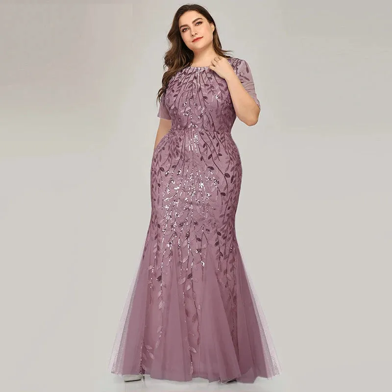 2023 Plus Size Sequin Mesh Mermaid Evening Dress – Beaded Leaves Pattern Formal Gown with Short Sleeves for Women