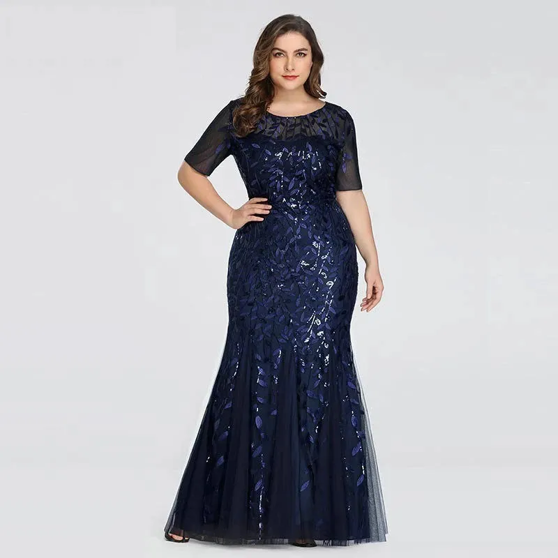 2023 Plus Size Sequin Mesh Mermaid Evening Dress – Beaded Leaves Pattern Formal Gown with Short Sleeves for Women