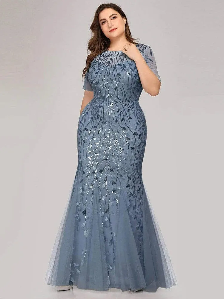 2023 Plus Size Sequin Mesh Mermaid Evening Dress – Beaded Leaves Pattern Formal Gown with Short Sleeves for Women