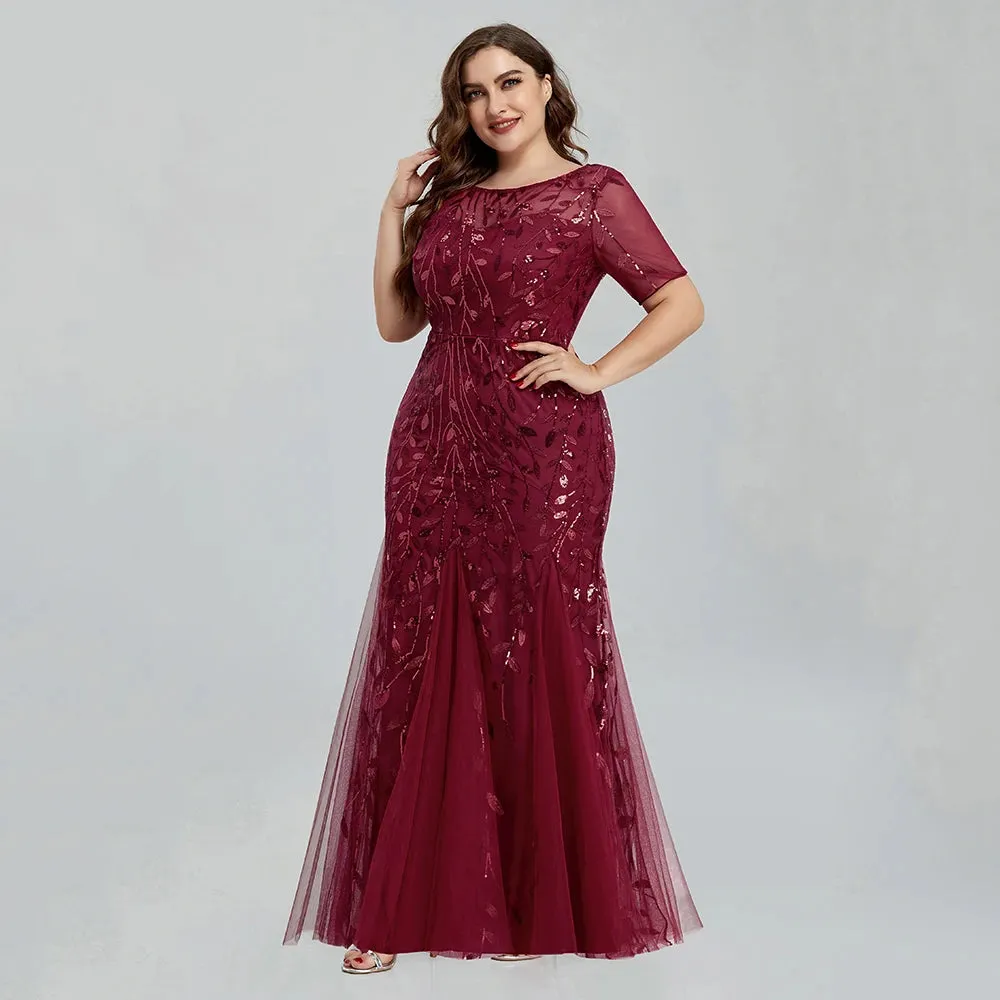 2023 Plus Size Sequin Mesh Mermaid Evening Dress – Beaded Leaves Pattern Formal Gown with Short Sleeves for Women