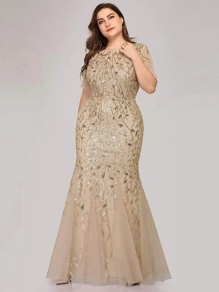 2023 Plus Size Sequin Mesh Mermaid Evening Dress – Beaded Leaves Pattern Formal Gown with Short Sleeves for Women