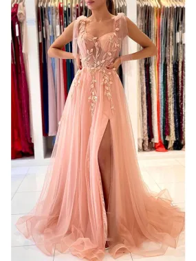 A-line Tulle Elegant Fashion Side Slit Princess Formal Long Evening Prom Dresses PD280