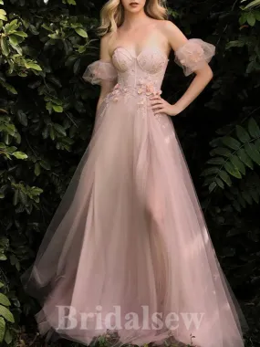 A-line Unique Fairy Blush Pink Tulle Elegant Long Women Evening Prom Dresses PD855