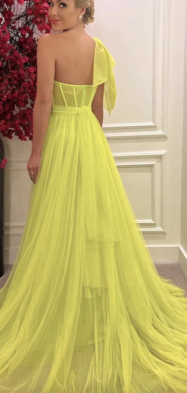 A-line Yellow Tulle One Shoulder Elegant Women Modest Long Prom Dresses PD391