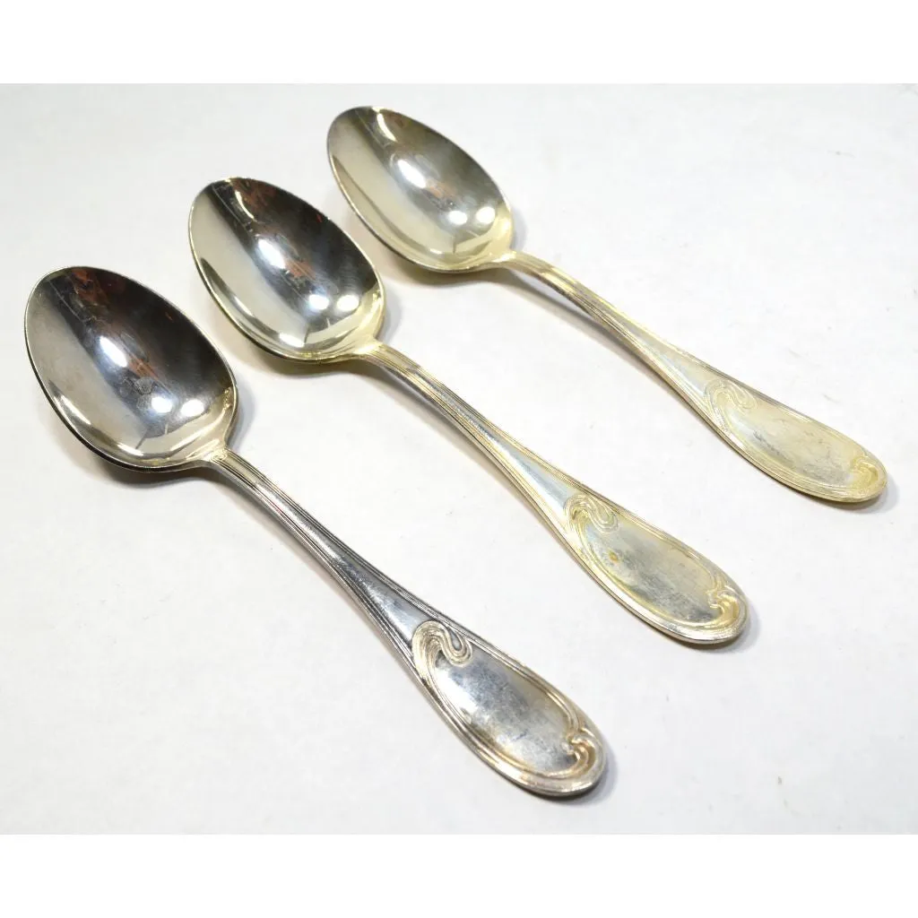 Antique ERCUIS SILVER-PLATE FLATWARE Lot; 3 Oval TEASPOON/FRUIT SPOONS Wave Patt