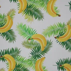 Bananas and Leaves on White Background Polyester Charmeuse Fabric