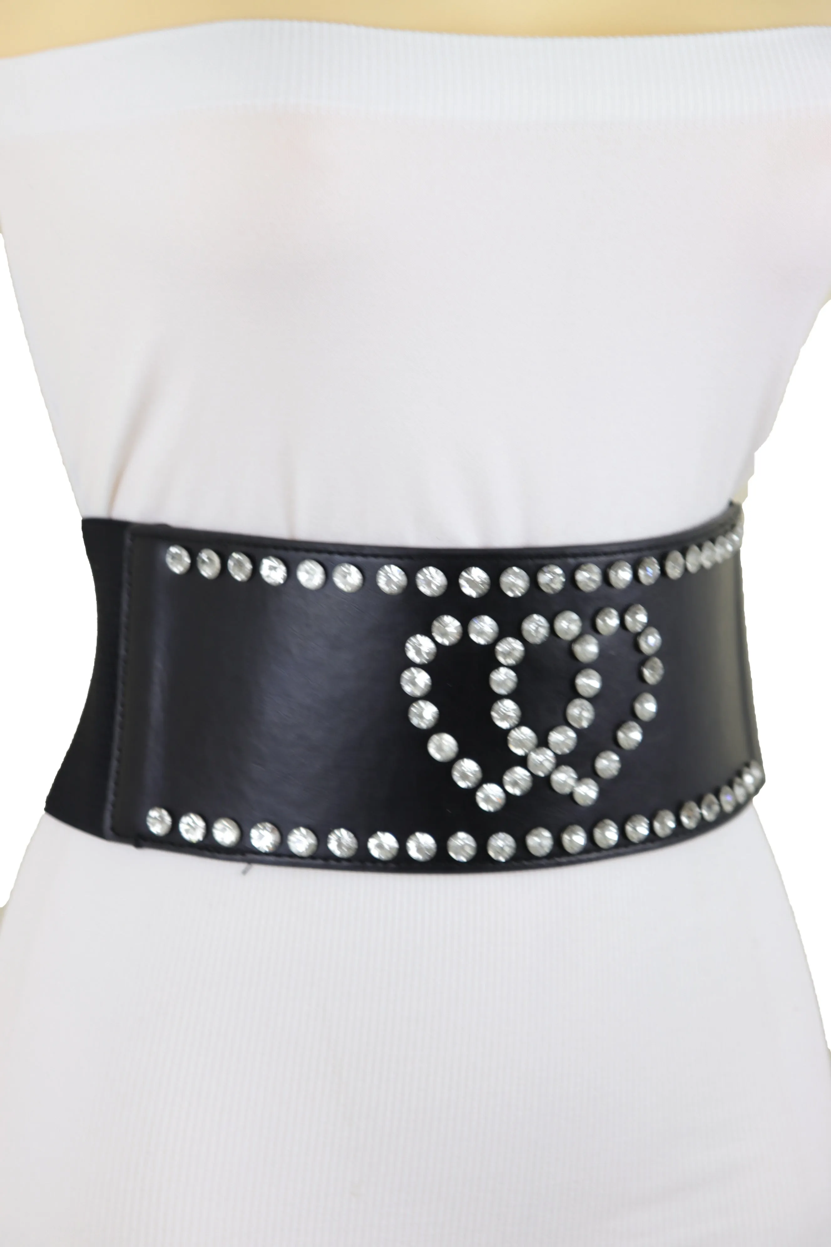 Black Elastic Wide Fashion Belt Hip High Waist Silver Heart Love Size S M