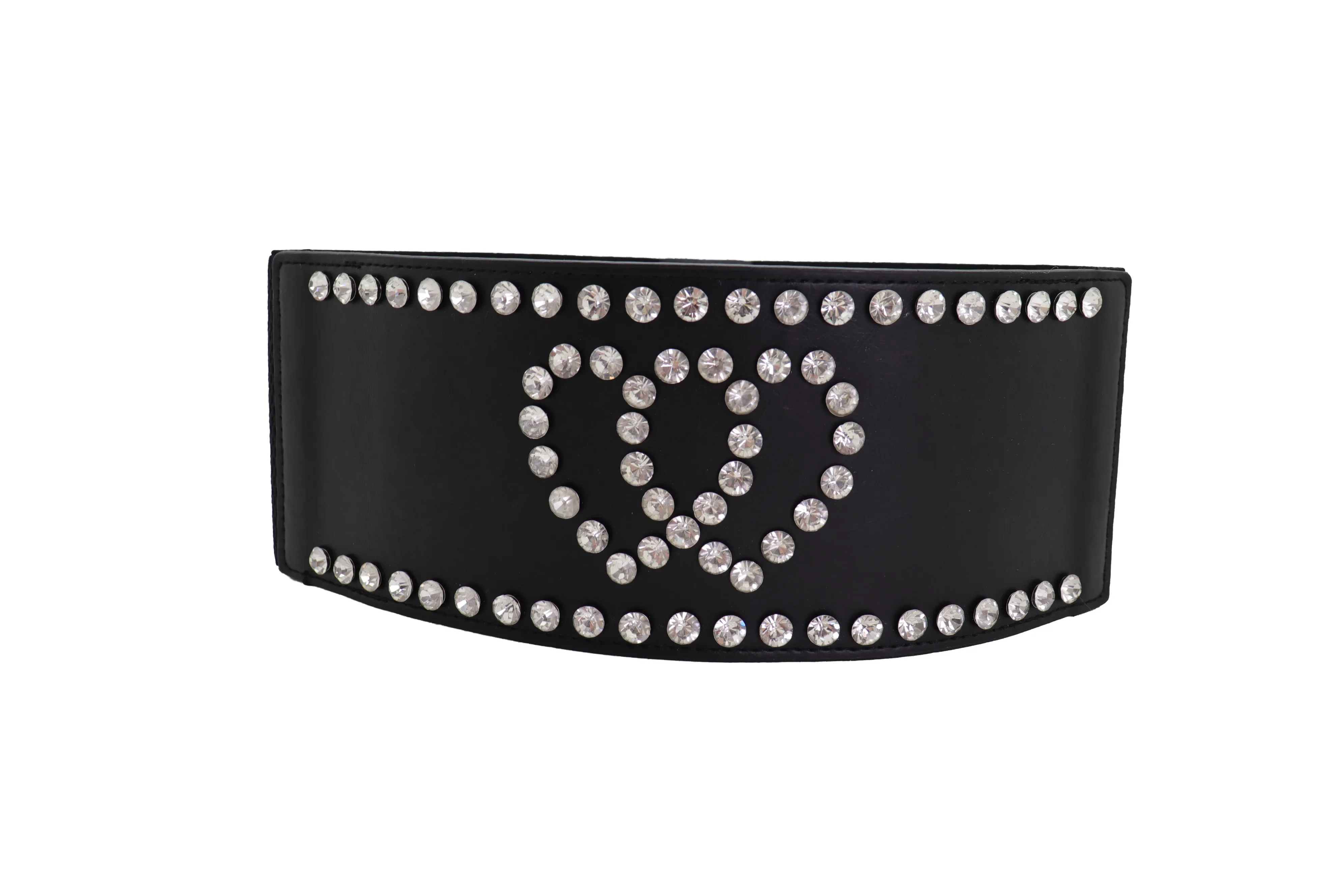 Black Elastic Wide Fashion Belt Hip High Waist Silver Heart Love Size S M