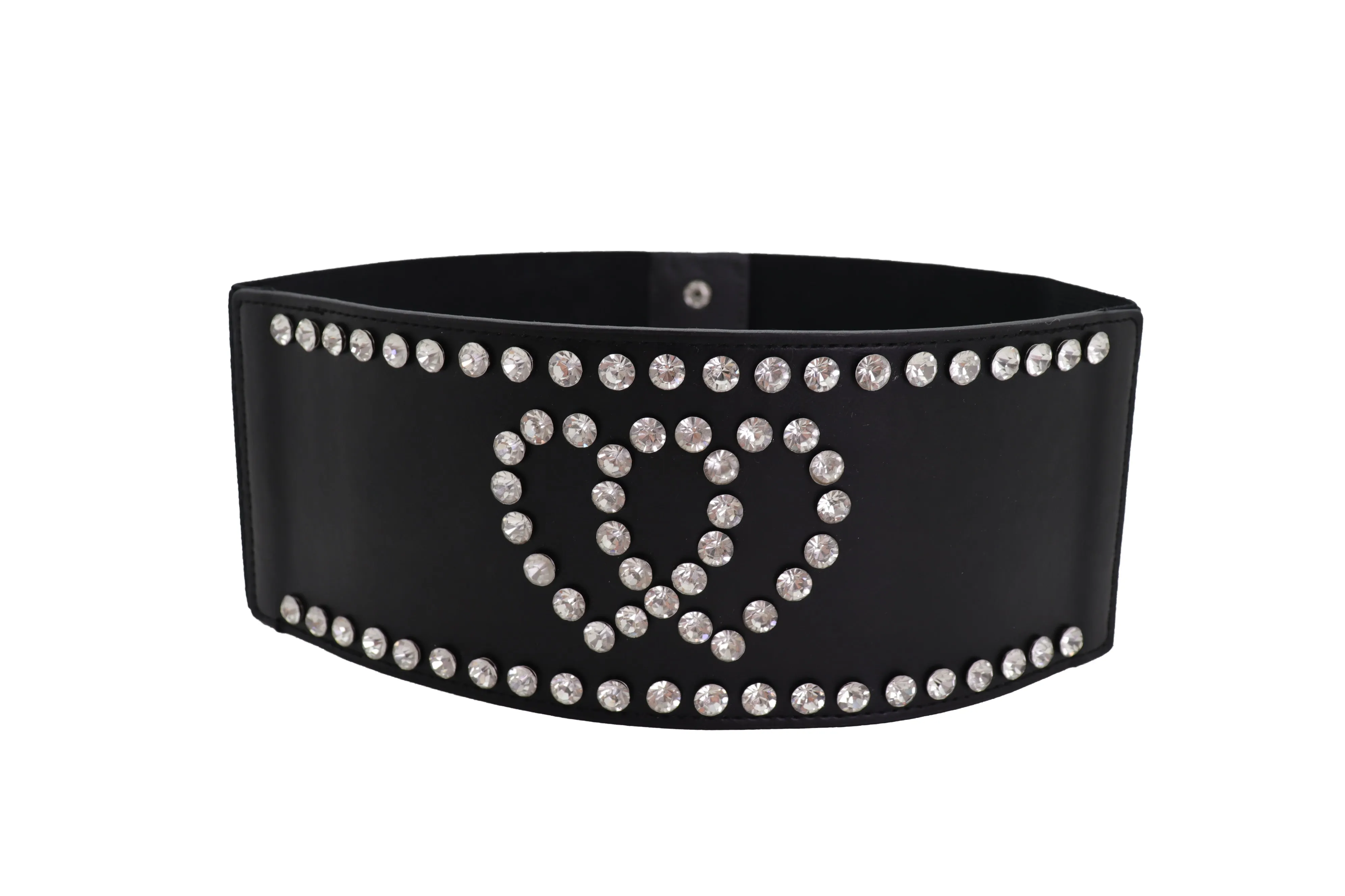 Black Elastic Wide Fashion Belt Hip High Waist Silver Heart Love Size S M