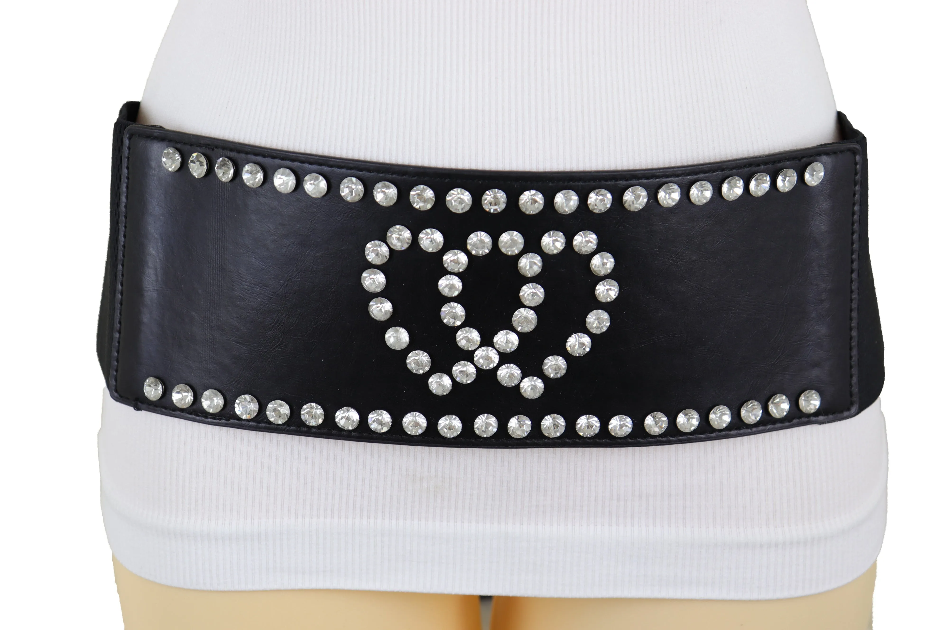 Black Elastic Wide Fashion Belt Hip High Waist Silver Heart Love Size S M