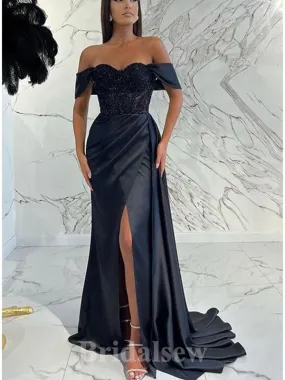 Black Off the Shoulder Custom Elegant Mermaid Long Fashion Evening Prom Dresses, PD1243