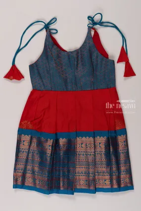 Chic Blue and Red Silk Tie-Up Frock for Girls