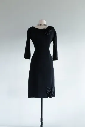 Classic 1950's Little Black Cocktail Dress With Rosettes By Jack Stern / M