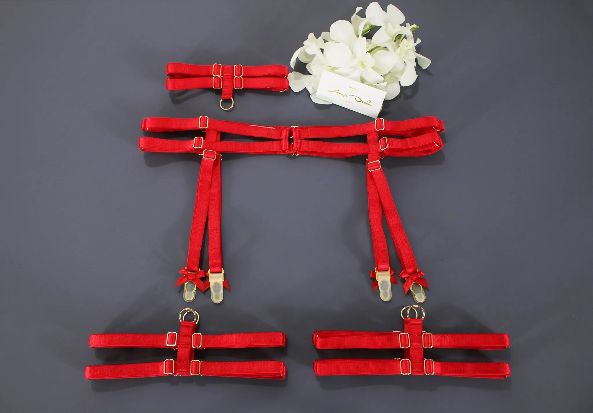 Erotic lingerie sexy red harness set choker garter belt and garters boudoir gift for her