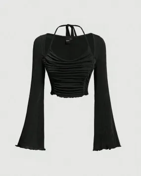 Halter Neck Tie Back Ruched Bell Sleeve Black Cropped Top In Black