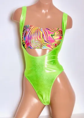 Hologram Suspender Thongback Swimsuit in Lime Green