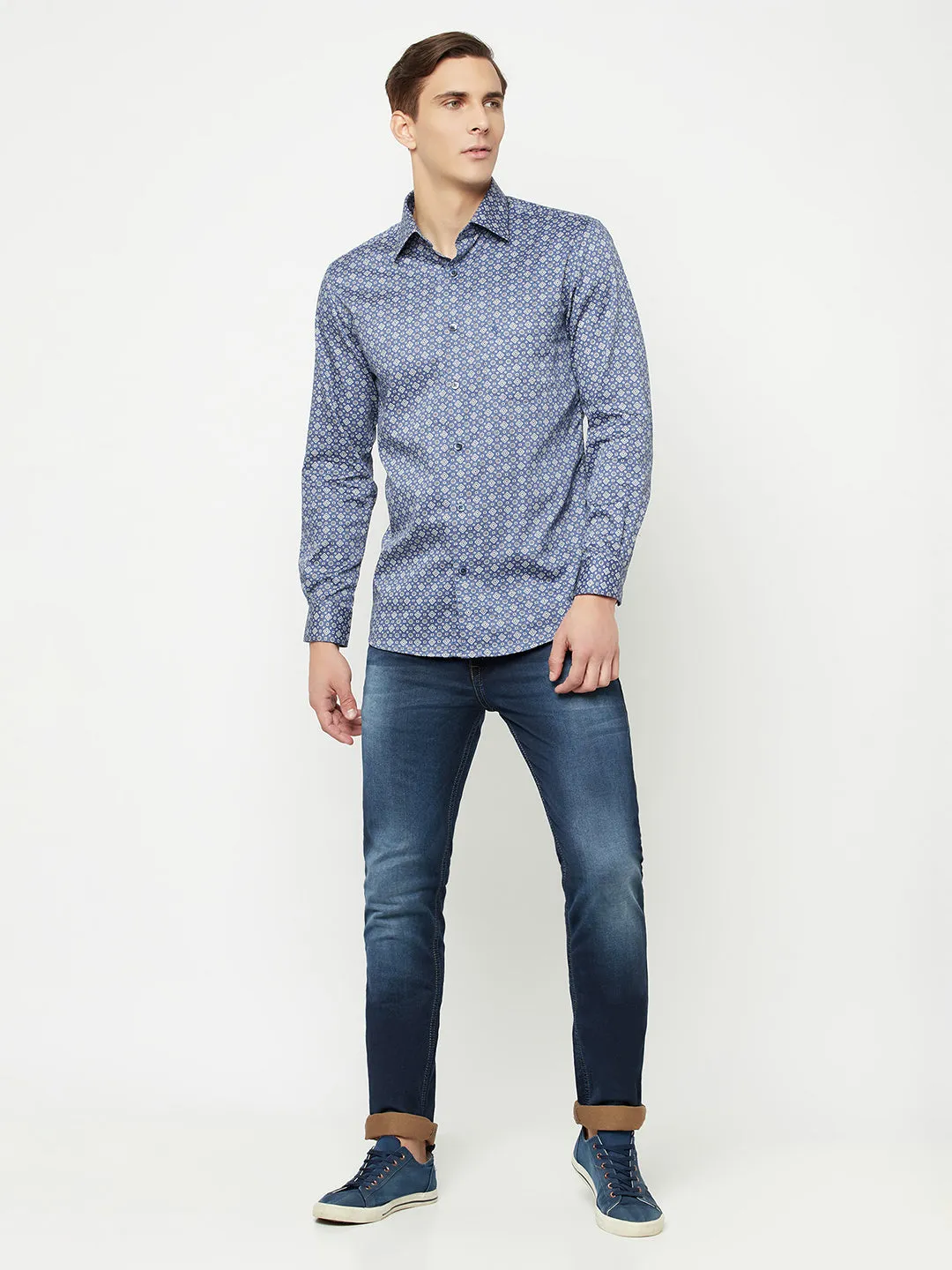 Men's Blue Party Geometric Ditsy Print Full Sleeve Shirt