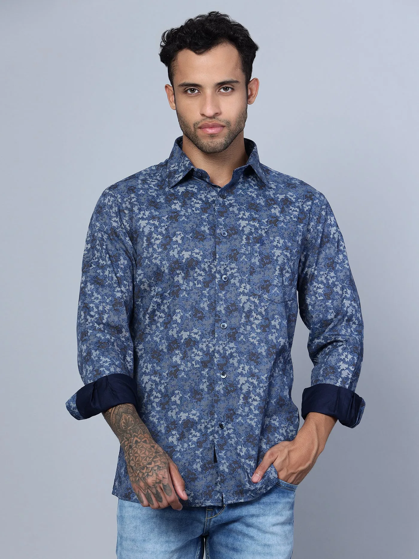 Men's Navy Blue Party Abstract Print Full Sleeve Shirt