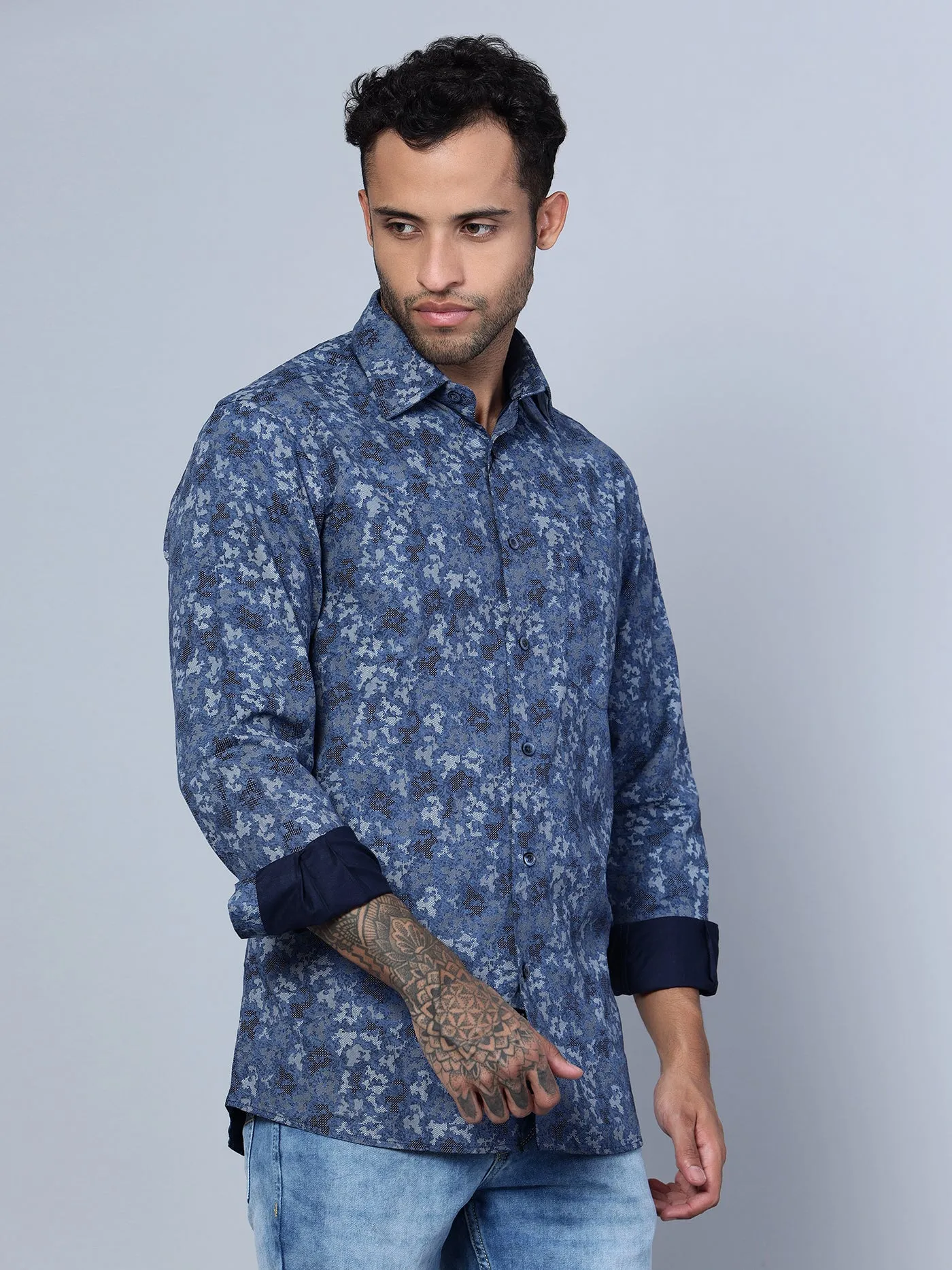 Men's Navy Blue Party Abstract Print Full Sleeve Shirt