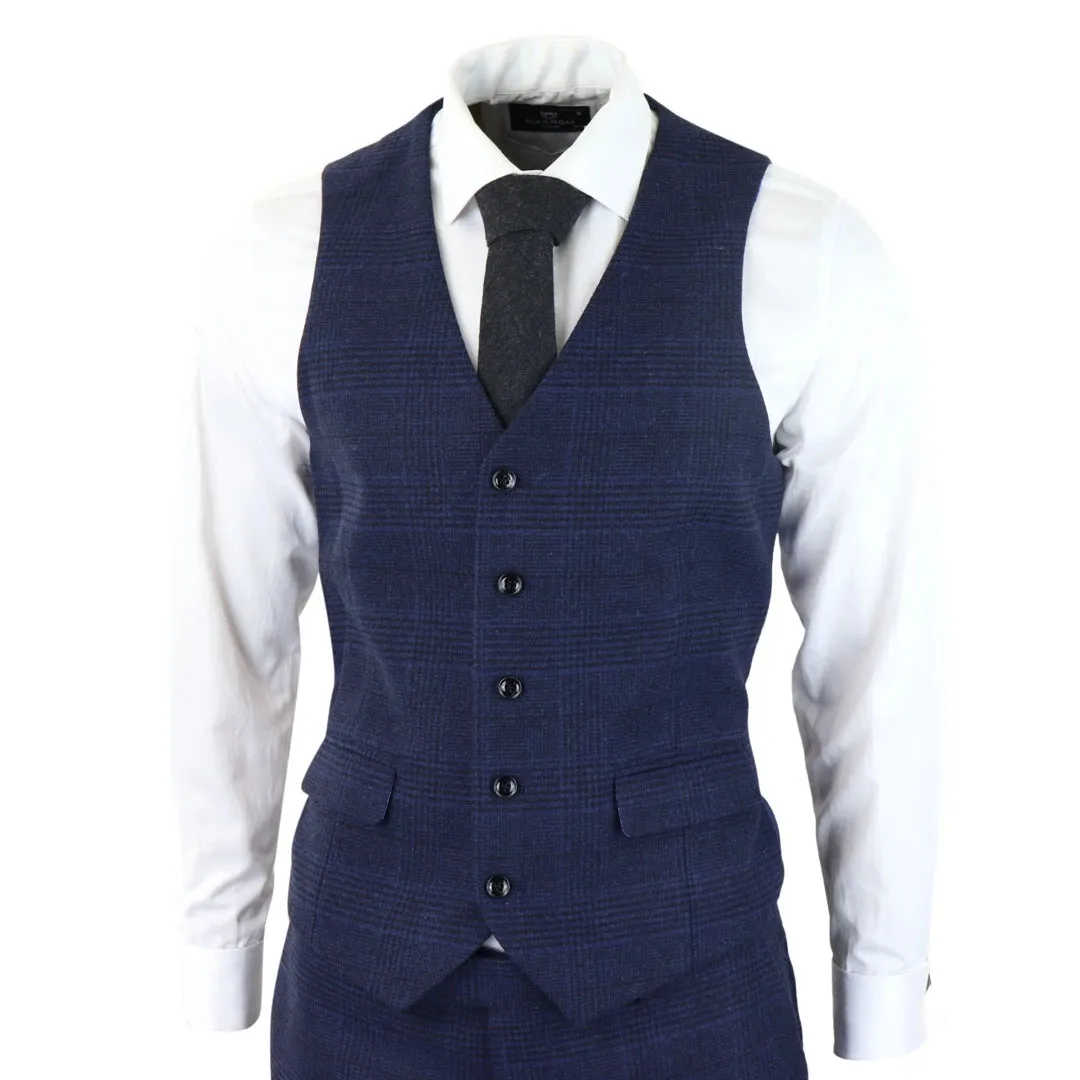 Men's Tweed Wool Check Suit 3 Piece Classic Navy Black