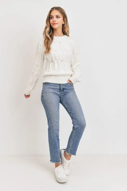 Off White Pearl Embellished Cable Knit Sweater