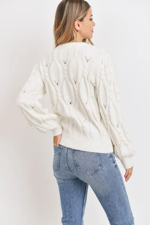 Off White Pearl Embellished Cable Knit Sweater