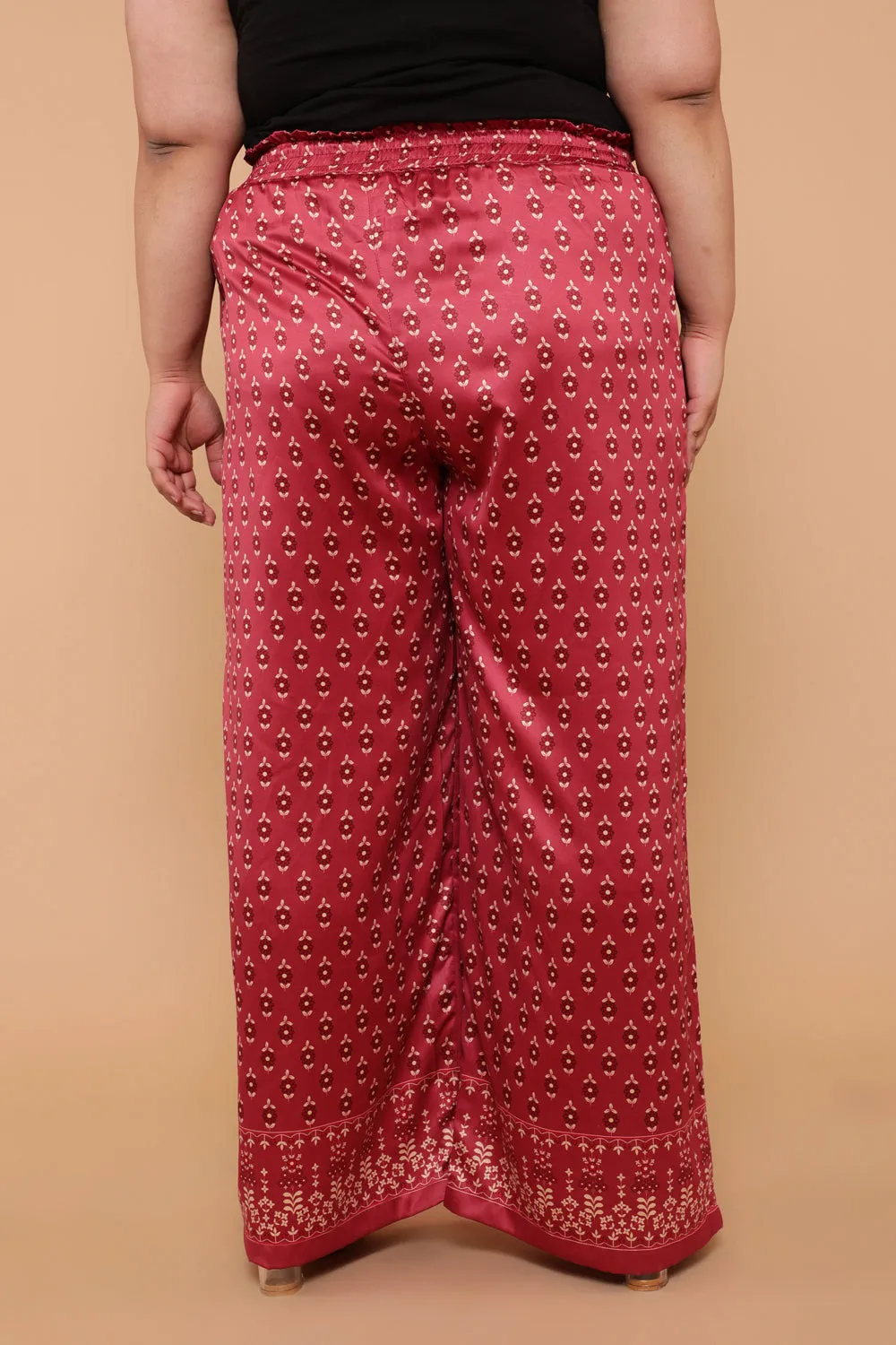 Red Border Ethnic Print High Waist Satin Pants