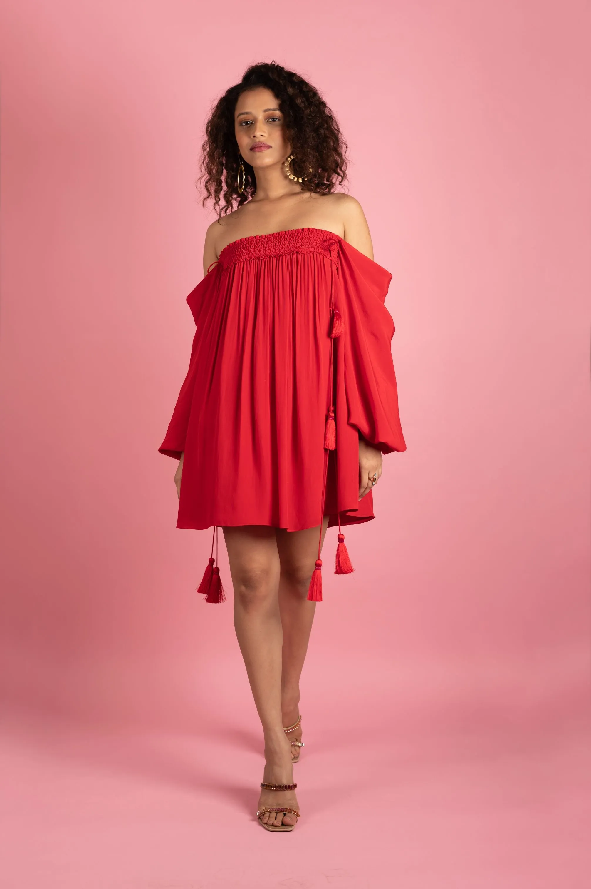 Red Smocked Off Shoulder Dress