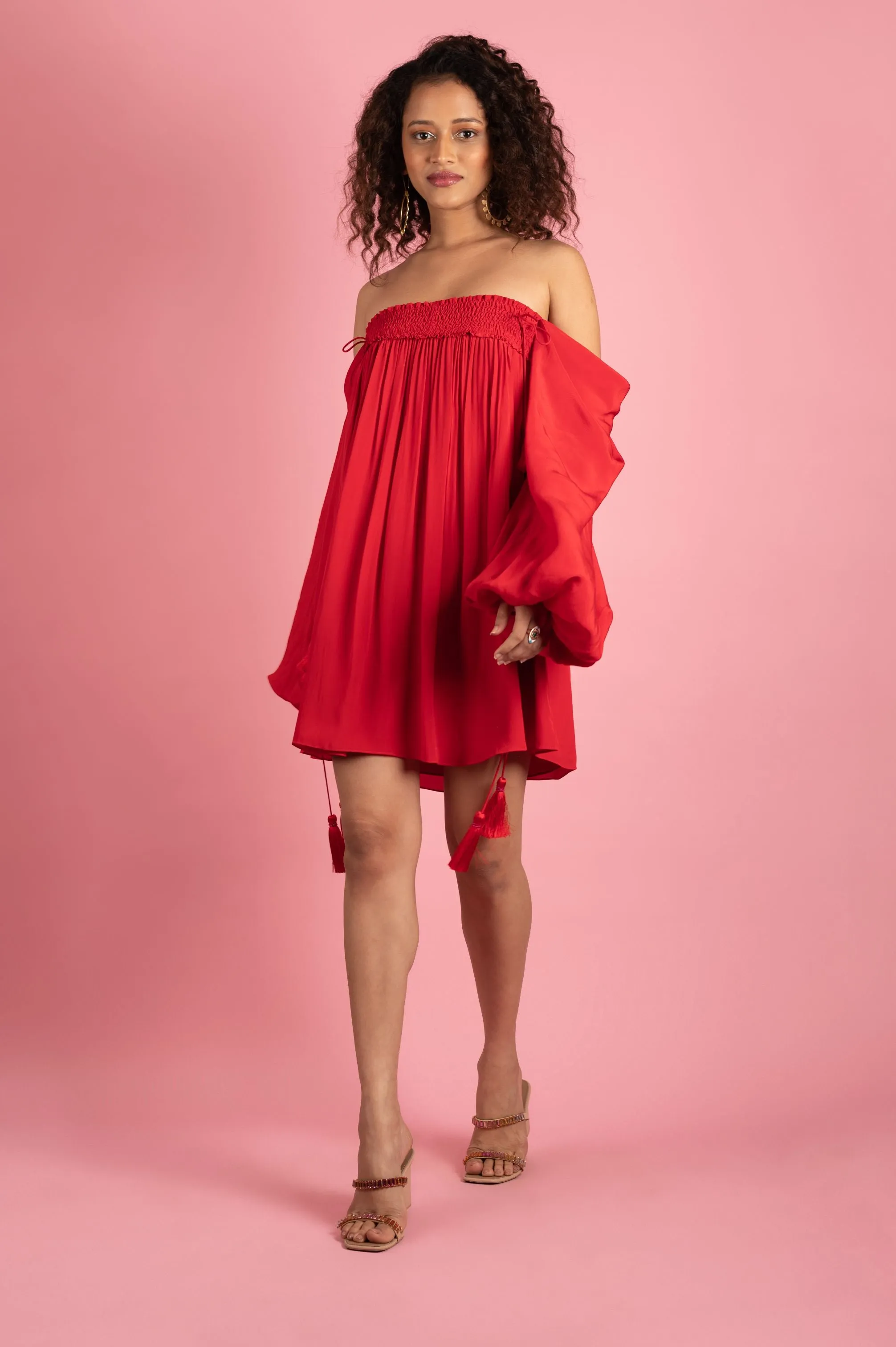 Red Smocked Off Shoulder Dress