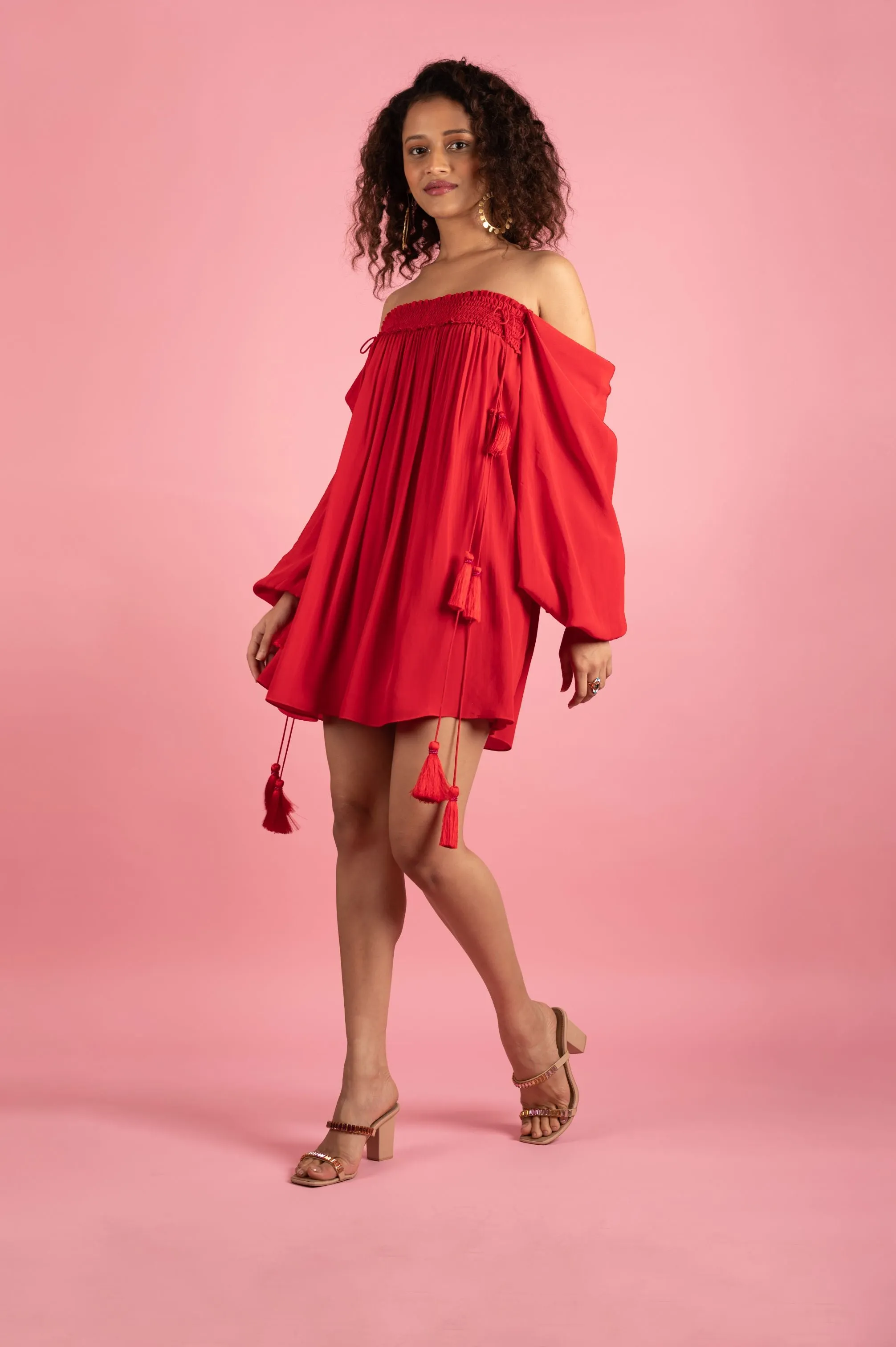 Red Smocked Off Shoulder Dress