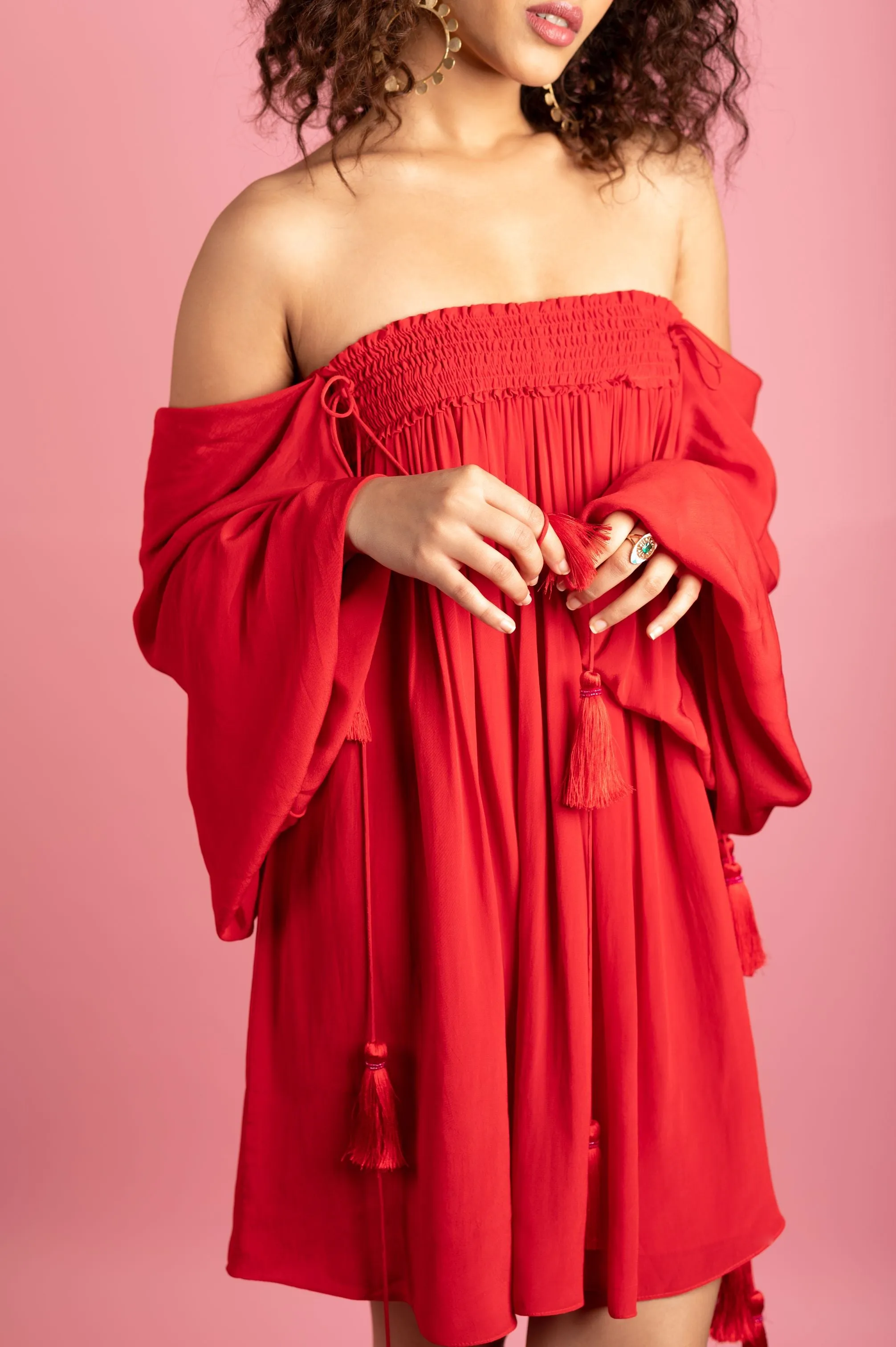 Red Smocked Off Shoulder Dress